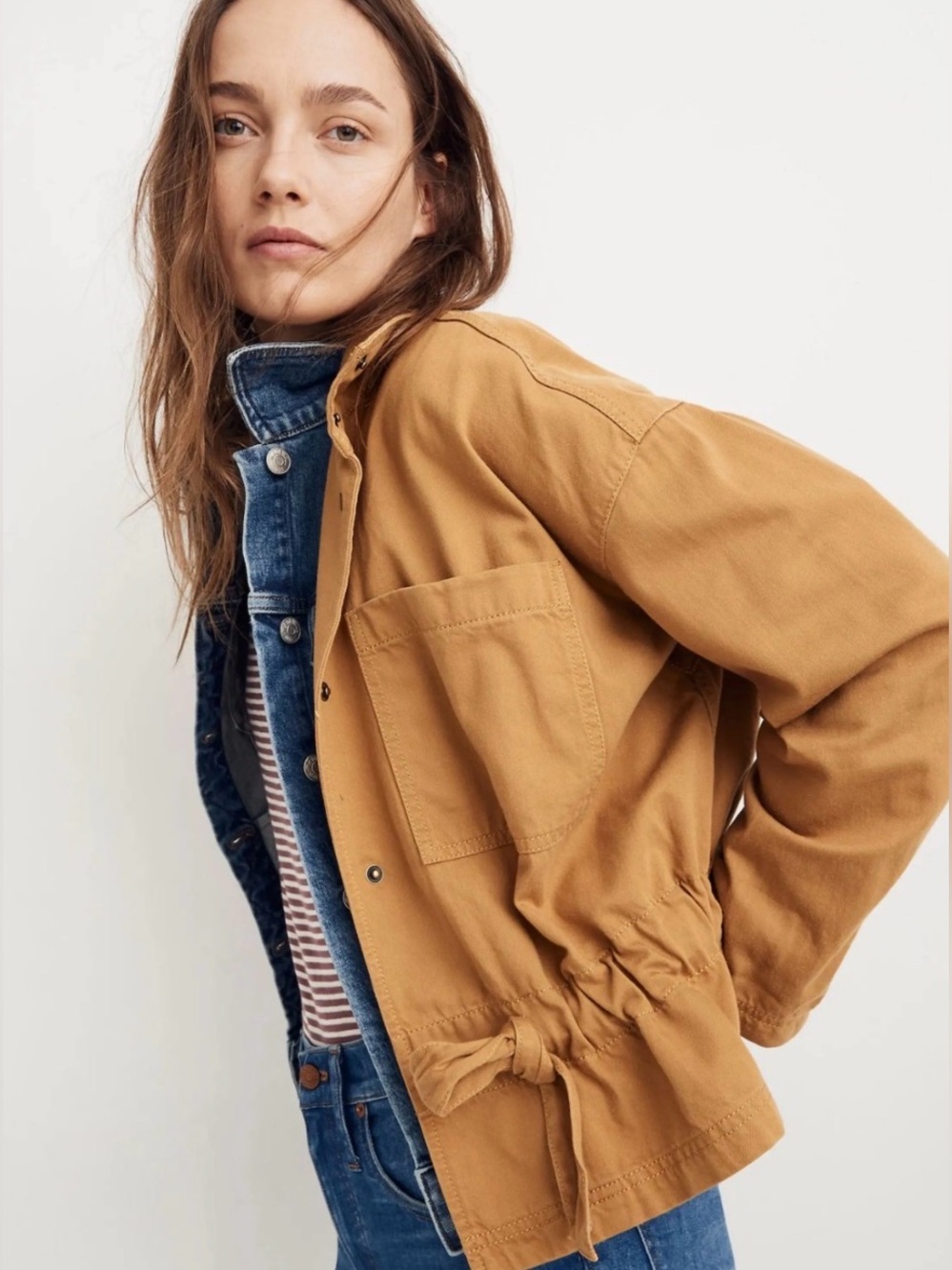 Madewell Southlake Military utility Jacket soft lightweight cotton rayon tan L